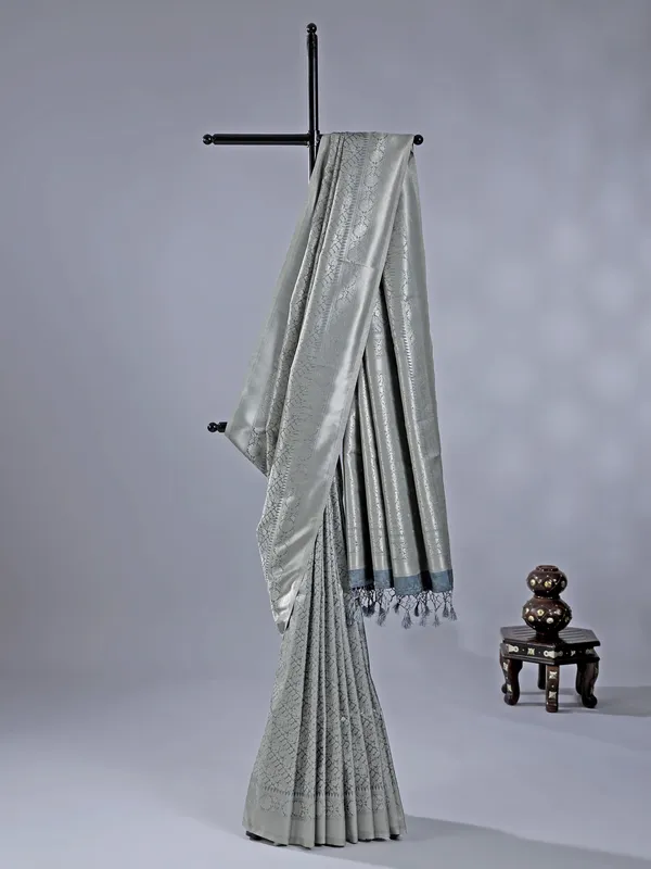 Grey silk saree with zari weaving