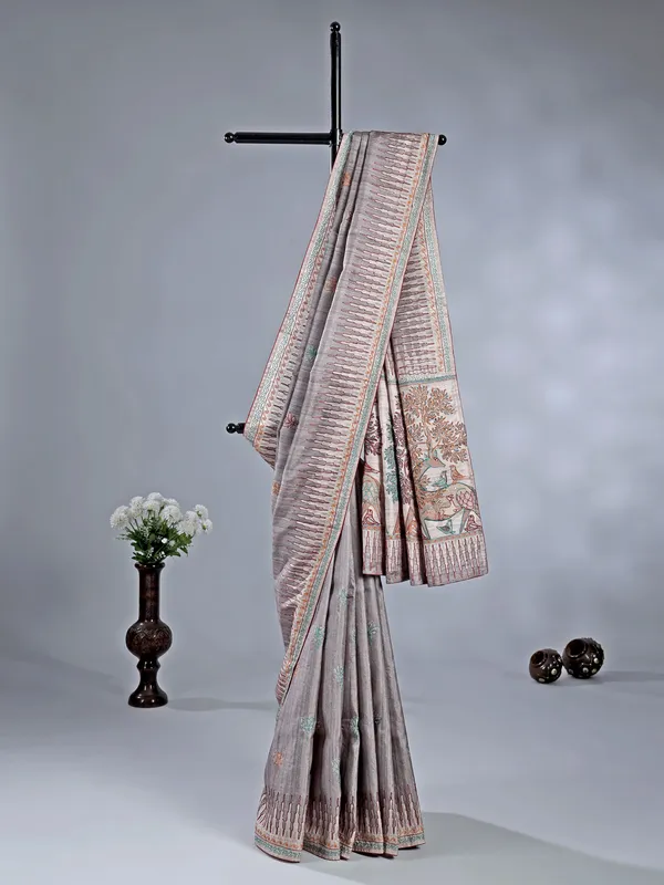 Pastel grey festive wear silk saree