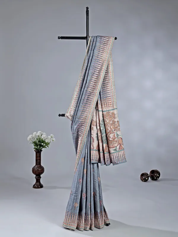 Dark grey silk saree with subtle thread highlights