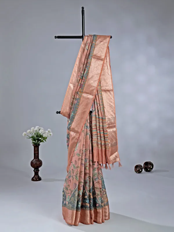 Peach semi cotton saree with zari weaving