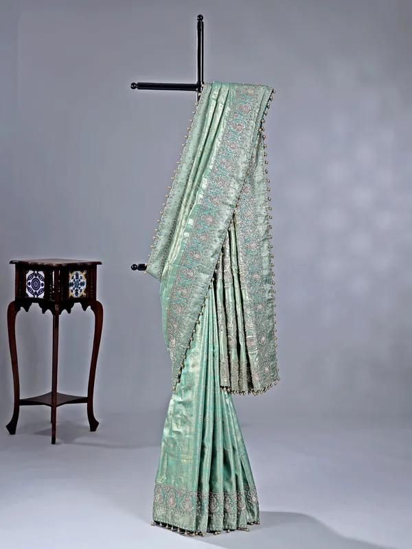 Mint green kanjivaram saree with pearl work