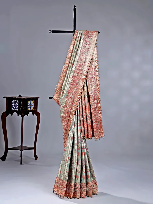 Pastel blue kanjivaram saree with pearl detailing