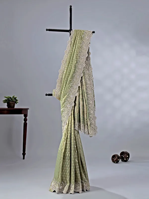 Pista green chiffon saree with zari work