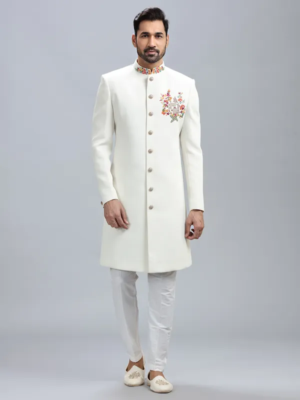 Classic off white silk indowestern for men