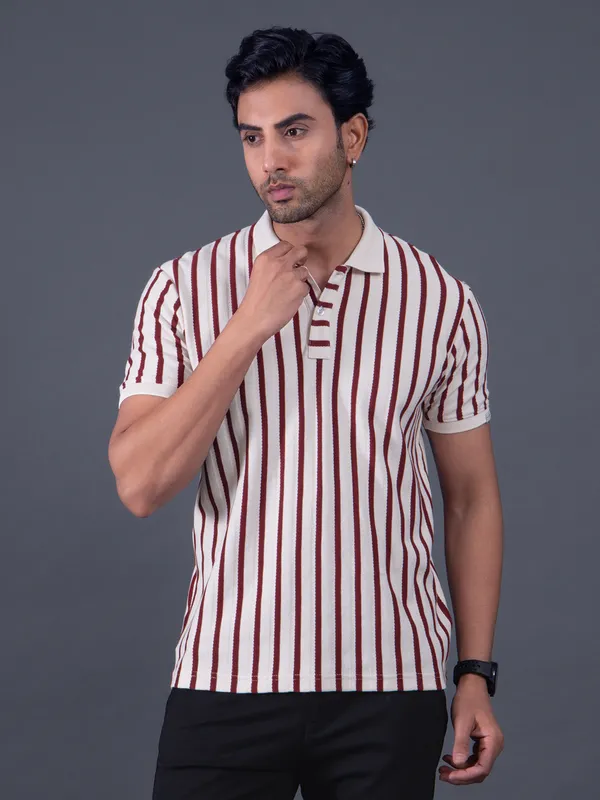 MUFTI off white and maroon stripe polo t-shirt