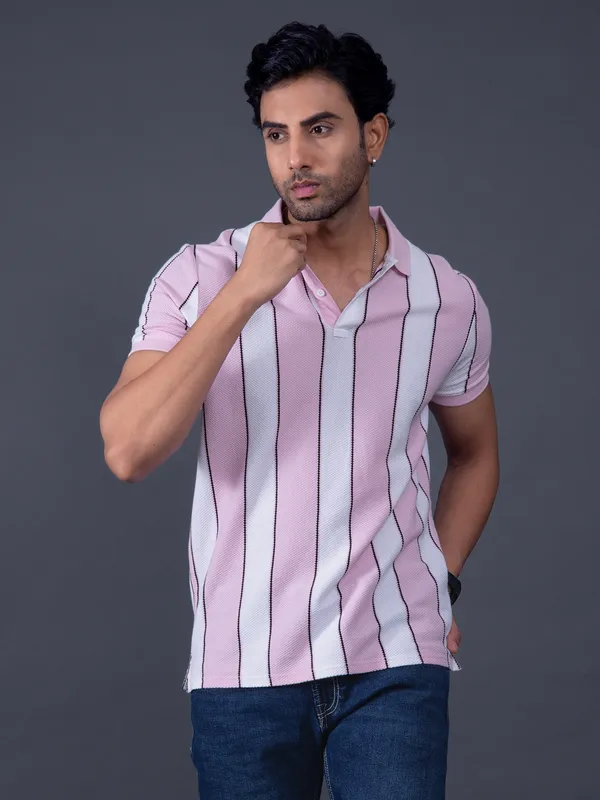 PEPE striped pink polo neck slim fit mens t-shirt