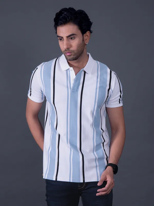 PEPE striped sky blue polo neck slim fit mens t-shirt