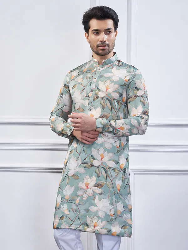 Pista green printed cotton kurta suit for festive wear