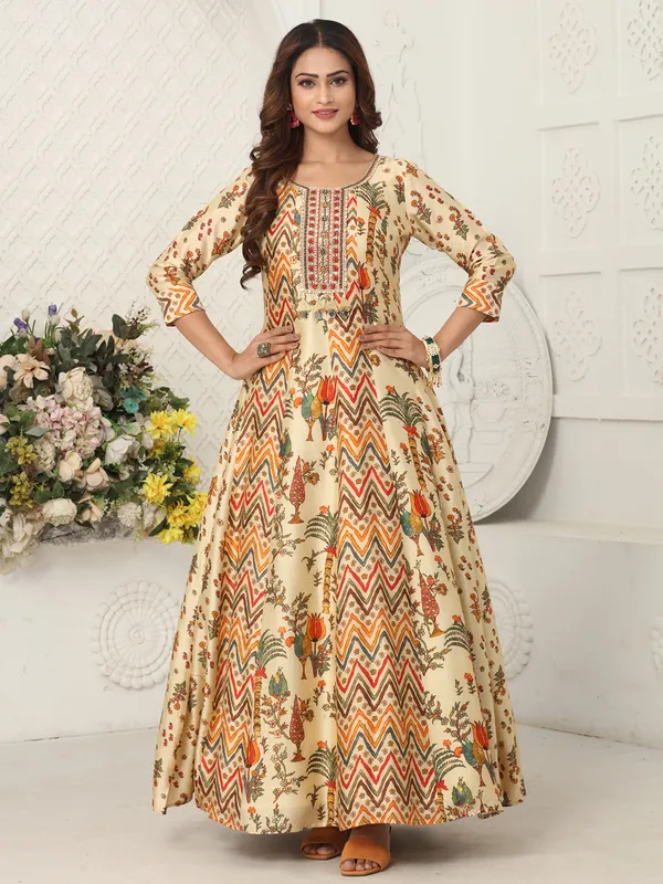 Cream floor length anarkali suit in dola silk
