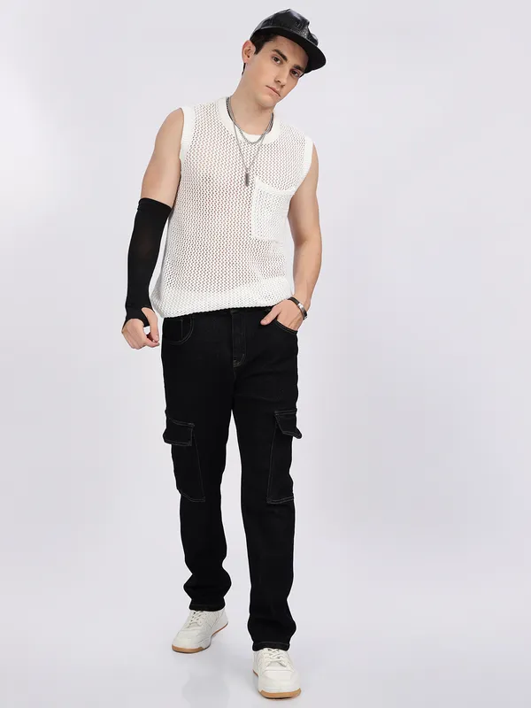 REX STRAUT black solid cargo denim jeans for mens