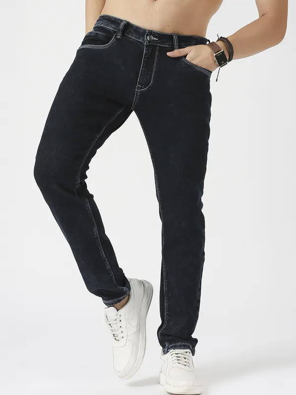 REX STRAUT solid balck slim fit jeans for mens
