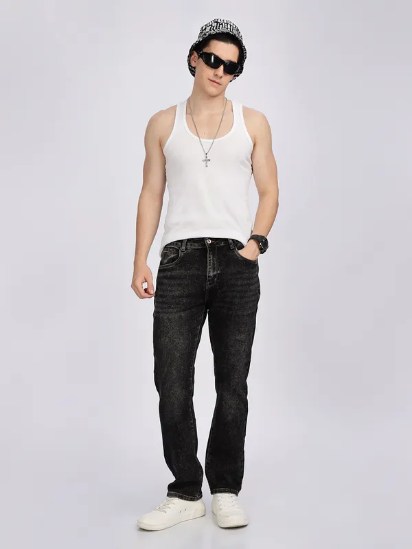 REX STRAUT washed black denim jeans for mens