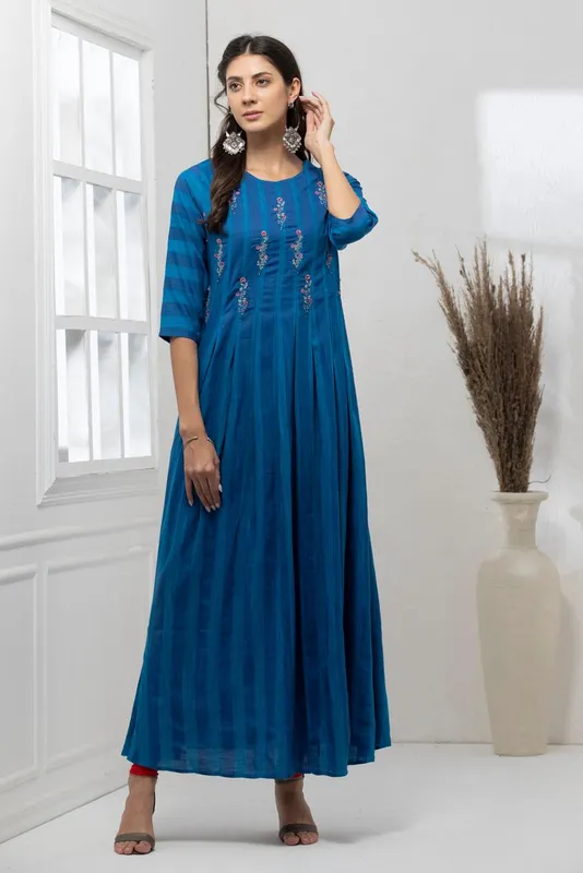 Blue Yoke Embroidered Yoke Flared Dress