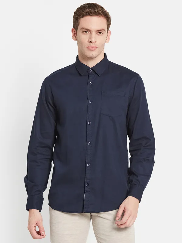 Men Navy Blue Casual Shirt