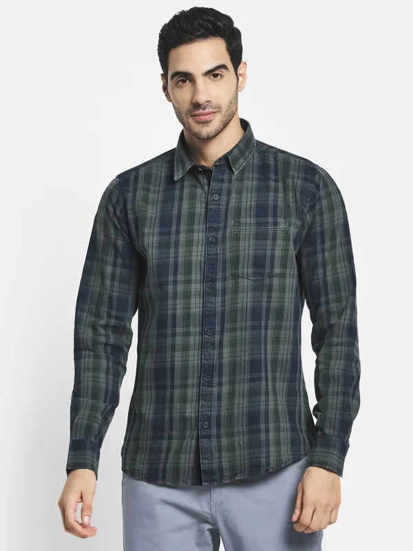 Men's Olive Comfort Tartan Checked Twill Weave Cotton Casual Shirt