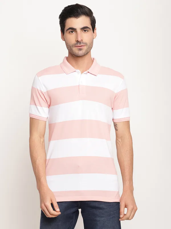 Long Sleeve Pink Striped Polo Neck T-Shirt With Print