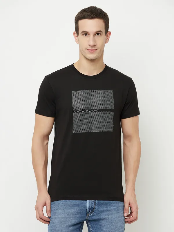 Octave Men Black brown Typography Printed Applique T-shirt