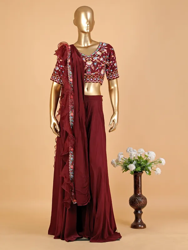 Purple Zari Work Palazzo Suit With Organza Dupatta main image 1