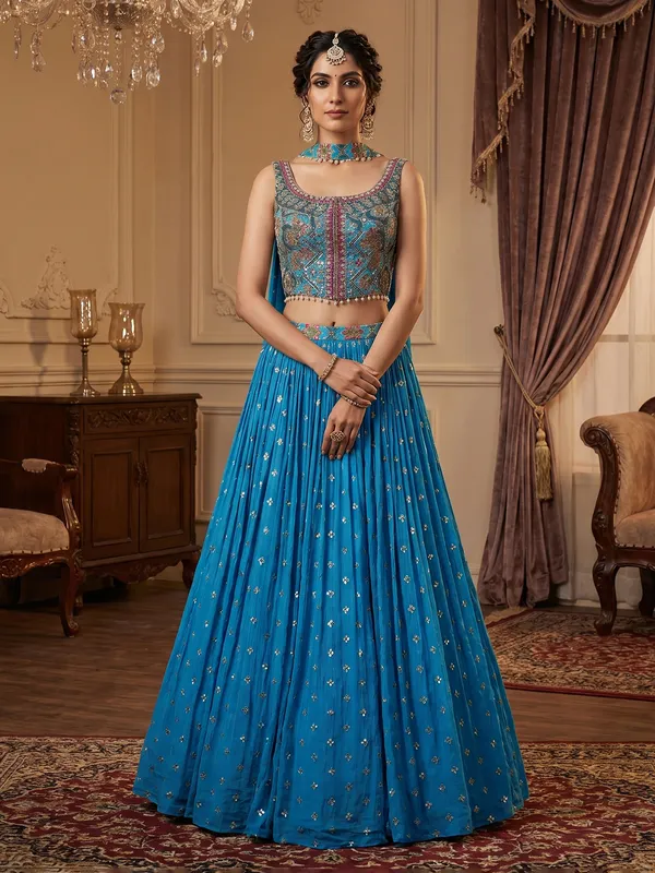 Aqua blue chiffon mirror work lehenga choli-G3-WLC18411 | United