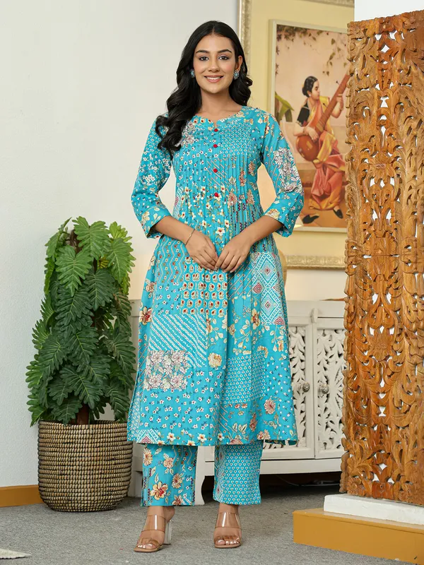 Aqua silk printed kurti set for festive-G3-WKS641 Saudi Arabia