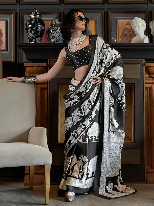 Paloma Black and White Crepe Printed One Minute Saree main image 1