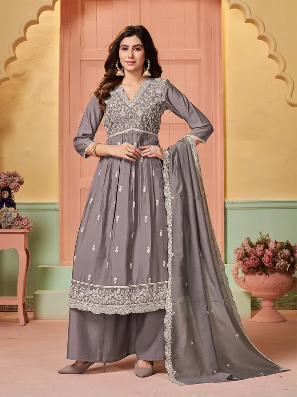Grey Silk Georgette Palazzo Suit main image 0