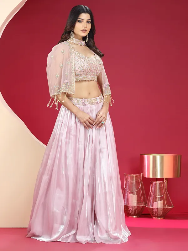 Pink Marriage Crop Top Lehenga With Jacket Georgette Lehenga Choli