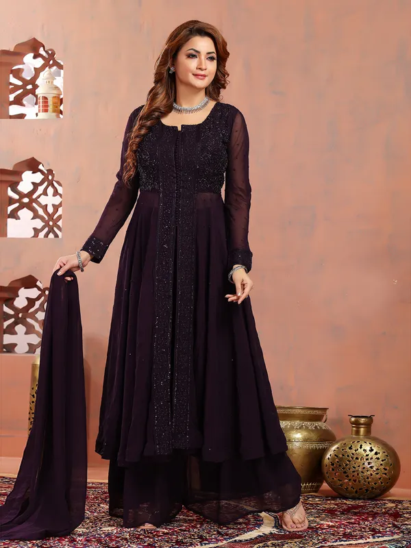 Purple Zari Work Palazzo Suit With Organza Dupatta main image 0