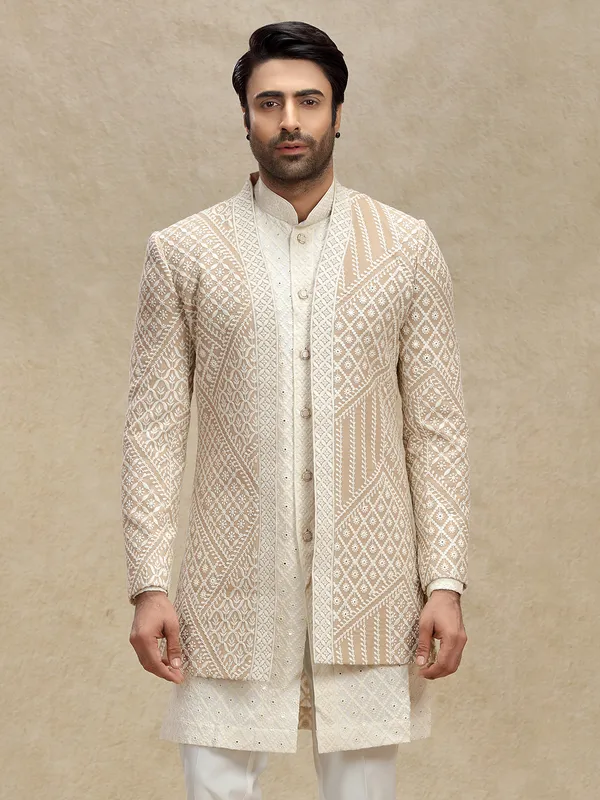 Beige French Crepe Silk Readymade Dhoti Jacket With Blouse Western Dress main image 1