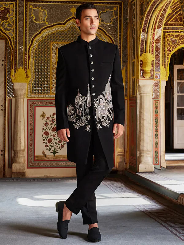 Black all time classy terry rayon indo western for men-G3-MIW8201