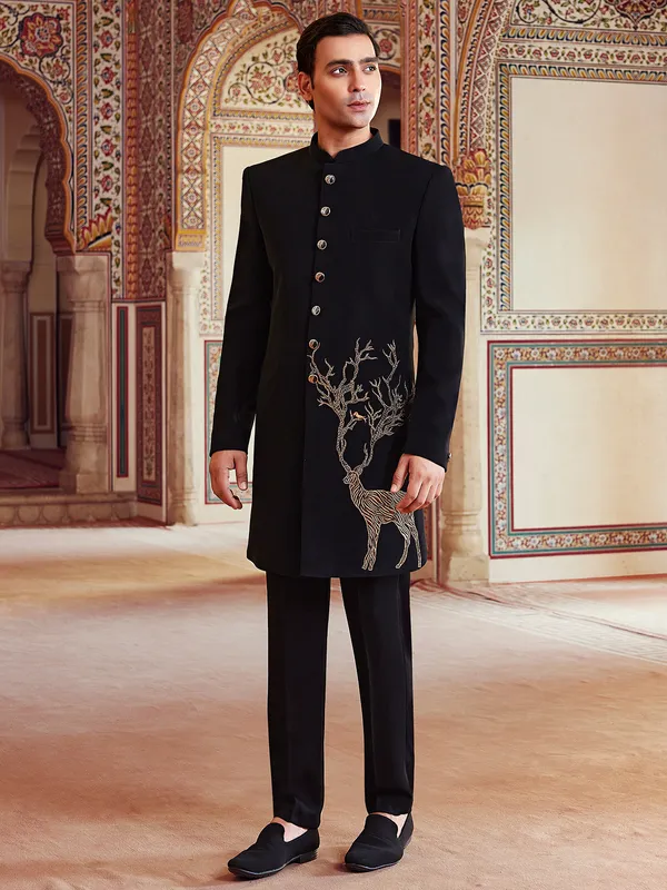 Black ethnic finest terry rayon indo western for men-G3-MIW8203