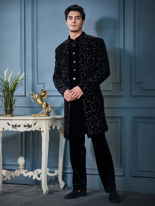 Black open long indo western in velvet fabric-G3-MIW8364