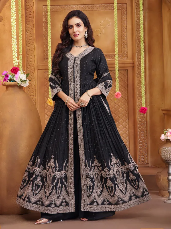 Black Pakistani Silk Palazzo Suit With Classic Festive Shimmer