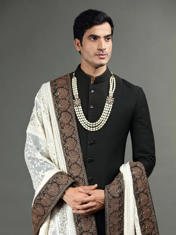 Black raw silk groom sherwani G3 MSH7700 Canada