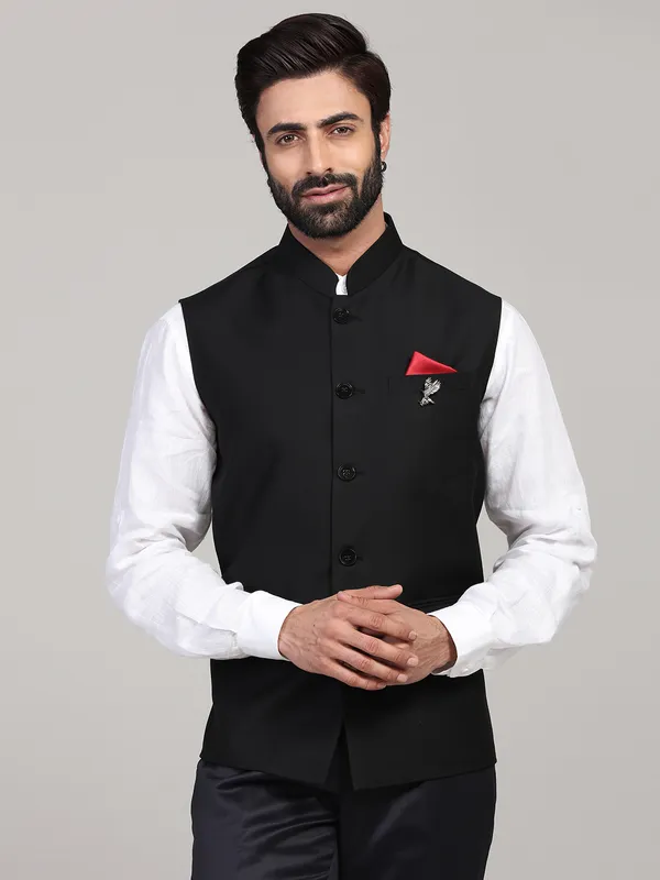 Black solid terry rayon party wear waistcoat-G3-MWC1695