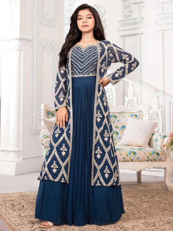 Blue lehenga choli with shrug for girls-G3-GCS2958