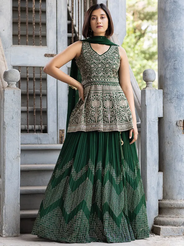 Bottle Green Lehenga style Suits Georgette