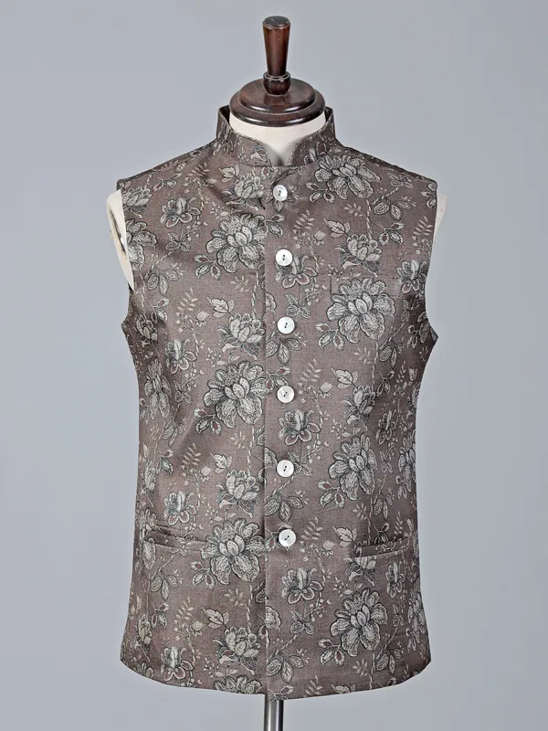 Brown floral cotton silk printed waistcoat-G3-MWC2773