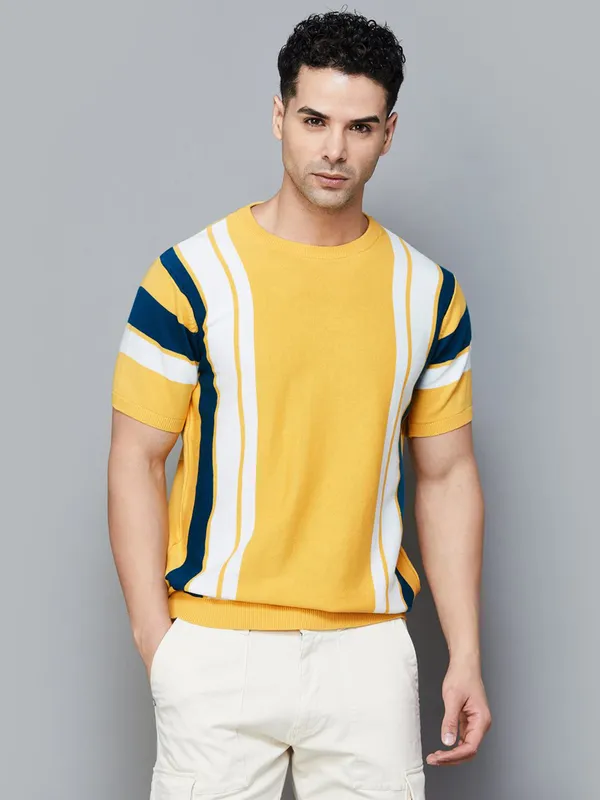 CELIO yellow striped mens casual t-shirt-G3-MTS20563