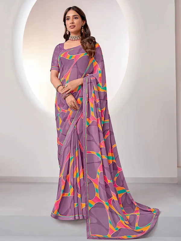 Purple Printed Georgette Saree With Unstitched Blouse Piece
