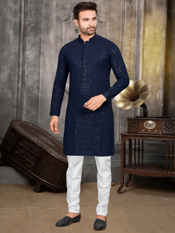 Classy navy cotton kurta suit-G3-MKS4996