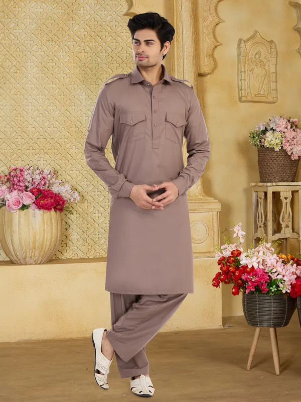 Cotton light brown plain pathani suit G3 MPS4269
