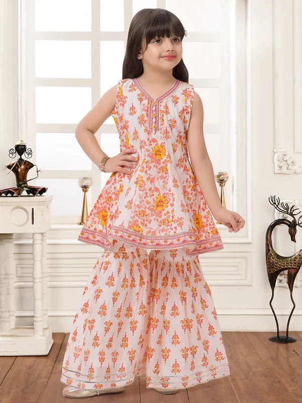 Cream & Coral Floral Print Pure Russian Silk Sharara Suit main image 0