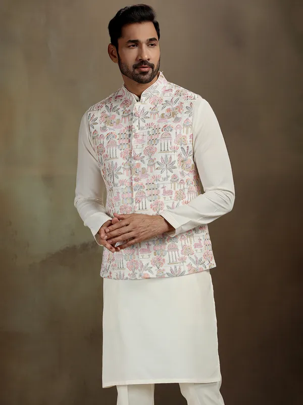 Cream men waistcoat set in raw silk-G3-MWCS319