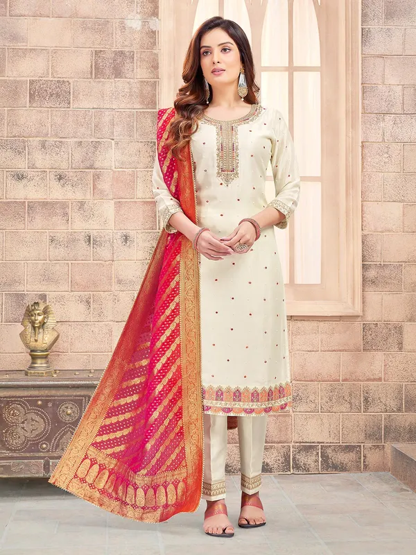 Cream silk women salwar suit with orange dupatta-G3-WSS43923 France