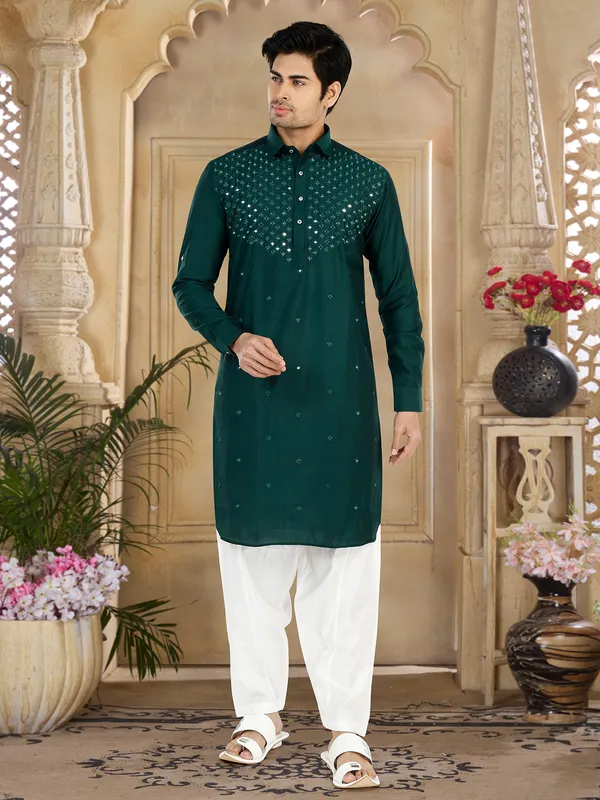 Dark green cotton pathani suit G3 MPS4262