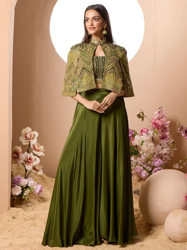 Dark green crop top style silk palazzo suit for