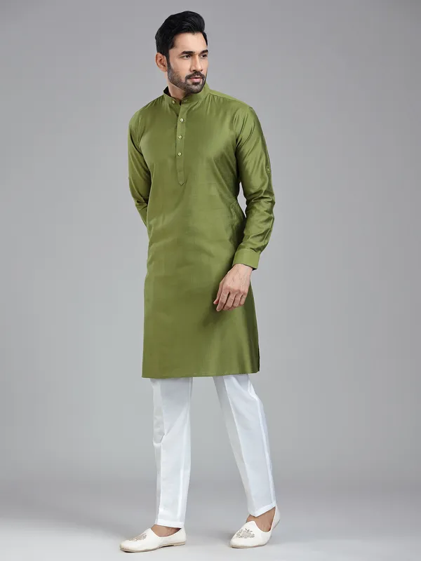 Dark olive simple festive wear kurta with pajama-G3-MKS6218