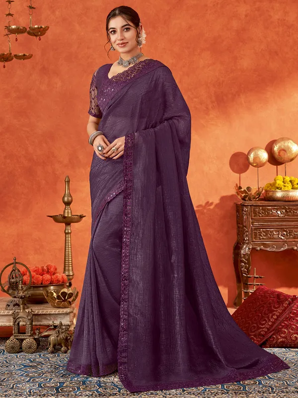 Dark purple chiffon saree for festive-G3-WSA56823