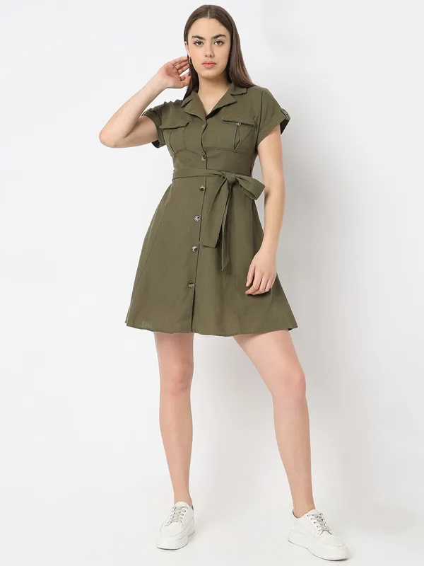 Olive Washed Overall Dress